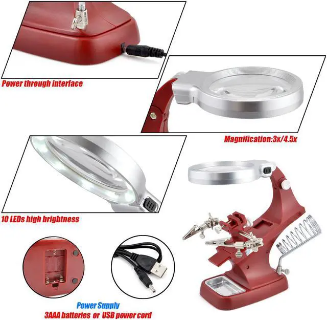 Alt view image 5 of 5 - iKKEGOL 10 LED Lighting 3X Main Lens 4.5X Accessorial Lens White Auxiliary Alligator Clip Magnifier Third Hand Soldering Solder Iron Stand (Red)