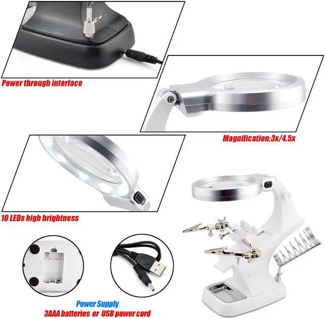 Alt view image 4 of 5 - iKKEGOL 10 LED Lighting 3X Main Lens 4.5X Accessorial Lens White Auxiliary Alligator Clip Magnifier Third Hand Soldering Solder Iron Stand (White)