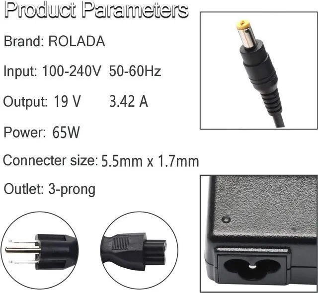 Alt view image 2 of 6 - 19V Power LCD Monitor Charger for Acer S202HL S230HL S231HL S232HL H236HL G246HL H276HL G276HL G236HL S240HL S220HQL S271HL H226HQL G226HQL S202HL S241HL HN274H AC Adapter Power Supply with Cord