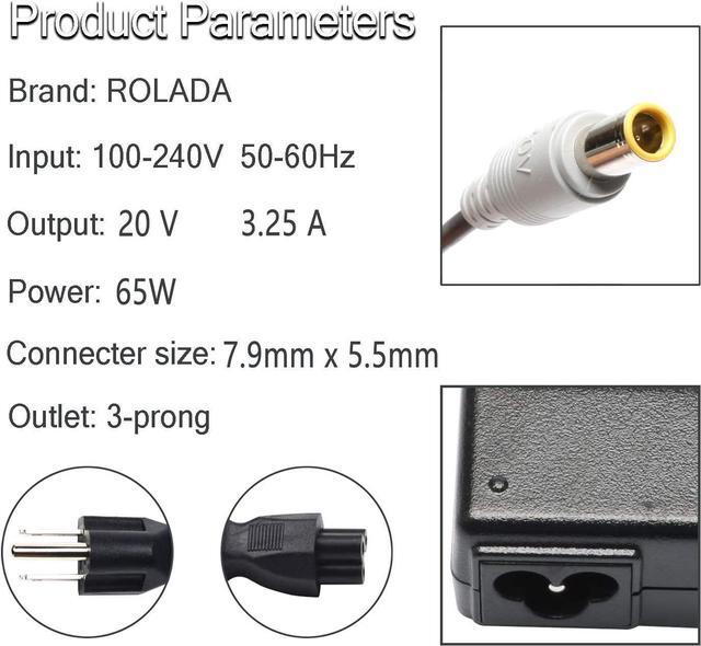 Alt view image 2 of 5 - 65W AC Adapter Laptop Charger for Lenovo Thinkpad E545 T530 T61 X140e X230; Edge 15 E430 E520 E530 E535; SL500 SL510 T430u T520 X120e X130e X131e X200 X201 X220 X230t X300 X60 S230u Twist Power Cord