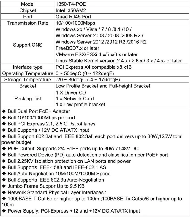 Alt view image 4 of 4 - NIC Gigabit - for Intel I350AM4 Chip Quad RJ45 PoE Ethernet Server Converged Network Adapter I350-T4, PCI Express 2.1 x4, Power Over Ethernet, Interface Card