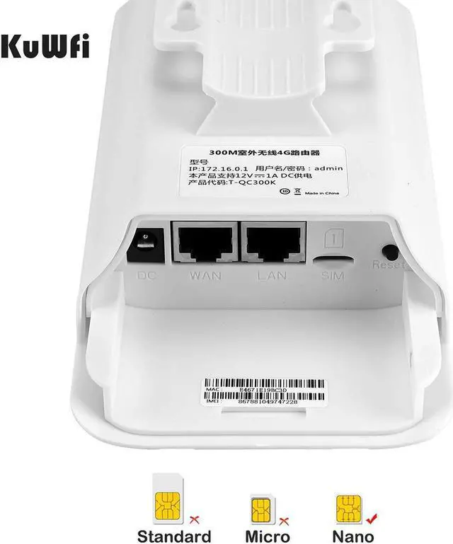 Alt view image 6 of 7 - KuWFi 300Mbps Outdoor 4G LTE CPE WiFi Router with Sim Card Slot CAT4 SIM Routers with POE Adapter Work with IPcamera or Outside WiFi Coverage (US Version B2/B4/B5/B12/B13/B14/B66/B71)