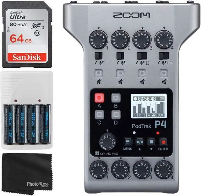 Main image of PodTrak P4 Portable Multitrack Podcast Recorder + 64GB Ultra SDXC Memory Card + 4X AA Batteries & Charger + Cleaning Cloth  Ultimate Podcasting Bundle