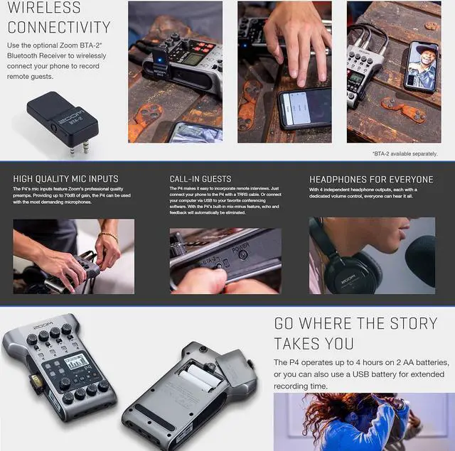 Alt view image 2 of 7 - PodTrak P4 Portable Multitrack Podcast Recorder + 64GB Ultra SDXC Memory Card + 4X AA Batteries & Charger + Cleaning Cloth  Ultimate Podcasting Bundle