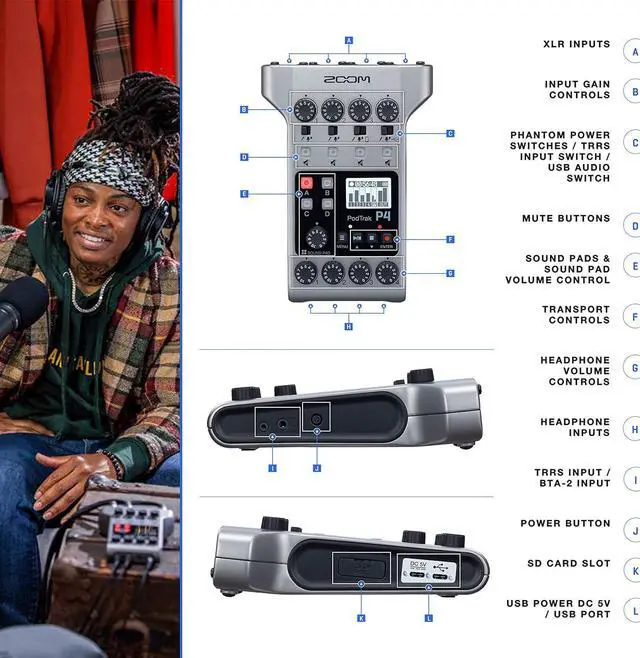 Alt view image 4 of 7 - PodTrak P4 Portable Multitrack Podcast Recorder + 64GB Ultra SDXC Memory Card + 4X AA Batteries & Charger + Cleaning Cloth  Ultimate Podcasting Bundle