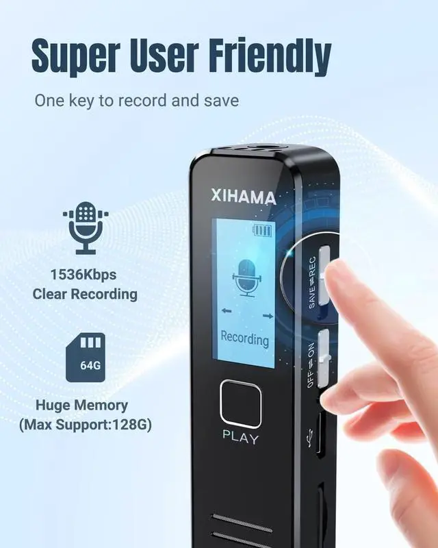Alt view image 3 of 6 - 64GB Mini Voice Recorder, Digtal Voice Recorder Spy Hidden Pocket Tape Recorder with Playback for Lectures, Meetings, XIHAMA 4608 Hours Handheld Audio Recorder with Microphone, USB Charge, Password