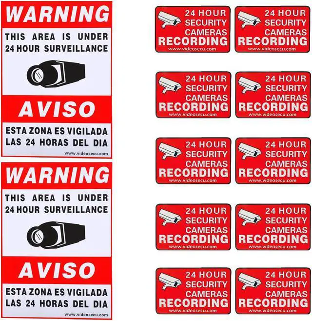 Main image of VideoSecu Warning Sign 2 Large Decals 10 Small Stickers for CCTV Security Camera Surveillance DVR System CKK