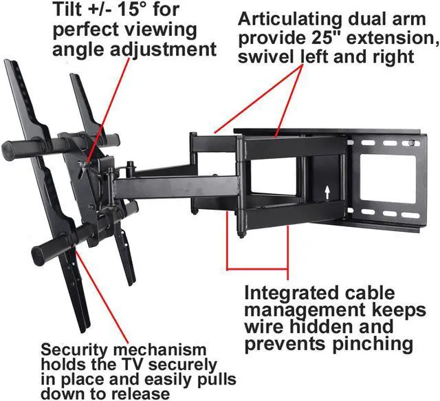 Alt view image 2 of 6 - VideoSecu Tilt Swivel Full Motion TV Wall Mount for Panasonic 65 inch TC-65AX900U TC-65CX650U TC-65CX800U LCD LED HDTV UHD Flat Panel Screens Articulating Dual Arm TV Mount Bracket A37