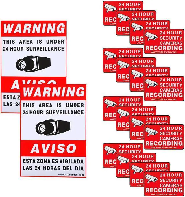 Main image of VideoSecu Warning Sign 2 Large Decals 16 Small Stickers for CCTV Security Camera Surveillance DVR System 3a4