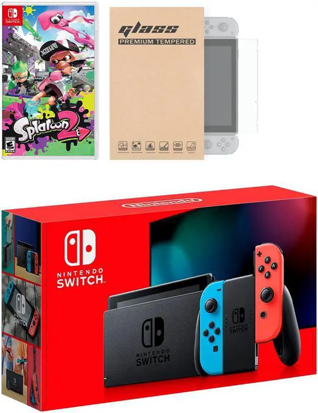 Main image of Nintendo Switch Neon Red Blue Joy-Con Console Splatoon 2 Bundle, with Mytrix Tempered Glass Screen Protector - Improved Battery Life Console with the Best Shooter Game