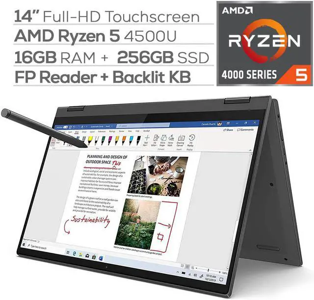 Main image of Lenovo Flex 5 2-in-1 Touchscreen Laptop 14" FHD AMD Ryzen 5-4500U 4.0 GHz 16GB DDR4 RAM 256GB SSD FP Reader Backlit KB Type-C HDMI WiFi Webcam Digital Pen Win 10