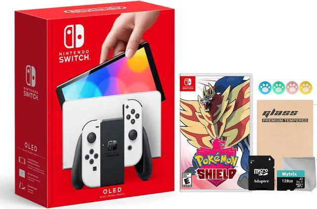 Main image of 2021 New Nintendo Switch OLED Model White Joy Con 64GB Console Improved HD Screen & LAN-Port Dock with Pokemon Shield And Mytrix Accessories