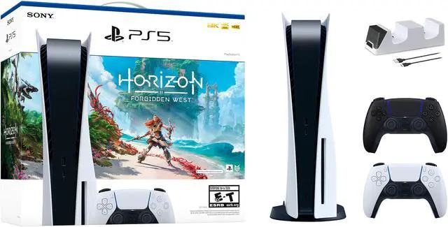 Main image of PlayStation 5 Disc Edition Horizon Forbidden West Bundle with Two Controllers White and Midnight Black DualSense and Mytrix Dual Controller Charger