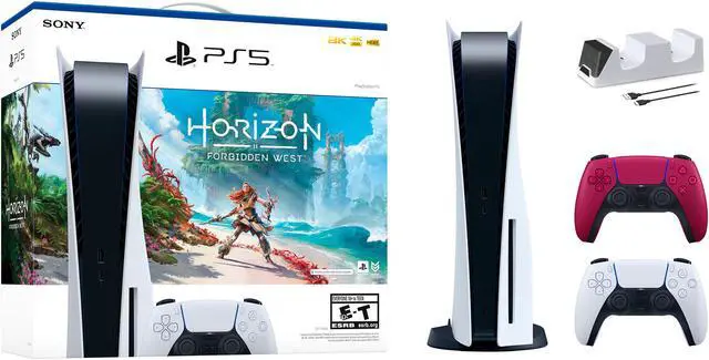 Main image of PlayStation 5 Disc Edition Horizon Forbidden West Bundle with Two Controllers White and Cosmic Red DualSense and Mytrix Dual Controller Charger