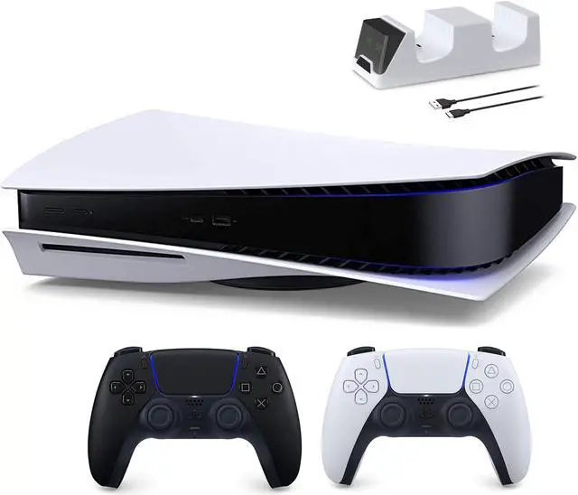 Main image of PlayStation 5 Disc Edition with Two Controllers White and Midnight Black DualSense and Mytrix Dual Controller Charger