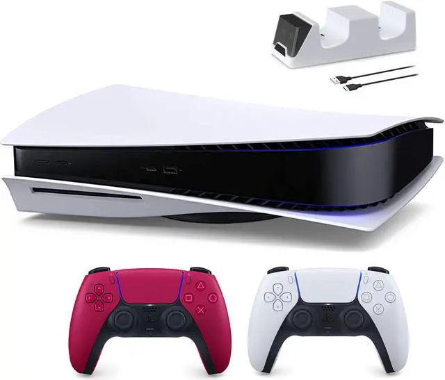 Main image of PlayStation 5 Disc Edition with Two Controllers White and Cosmic Red DualSense and Mytrix Dual Controller Charger
