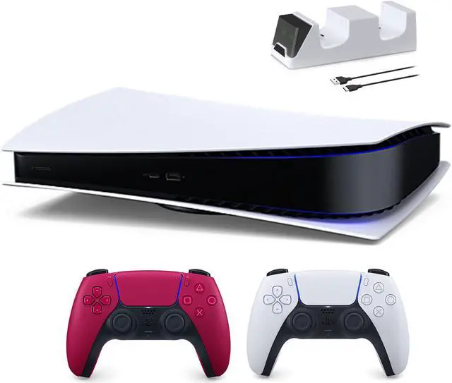 Main image of PlayStation 5 Digital Edition with Two Controllers White and Cosmic Red DualSense and Mytrix Dual Controller Charger