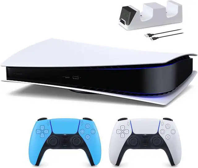 Main image of PlayStation 5 Digital Edition with Two Controllers White and Starlight Blue DualSense and Mytrix Dual Controller Charger
