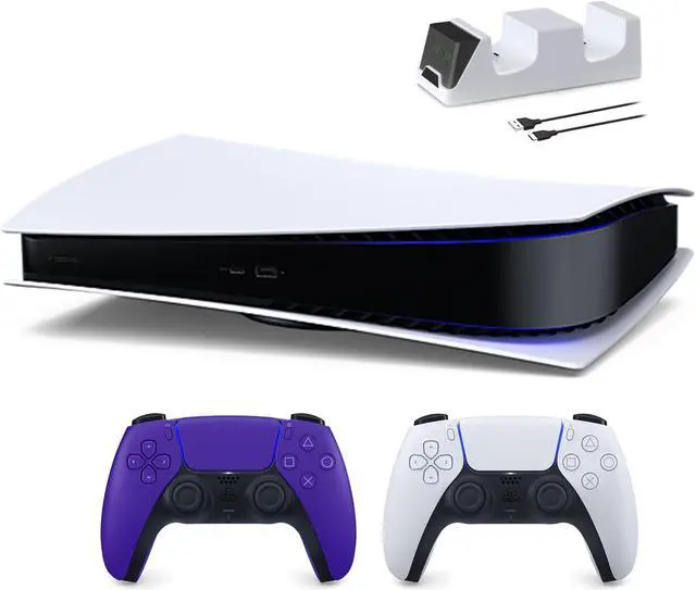 Main image of PlayStation 5 Digital Edition with Two Controllers White and Galactic Purple DualSense and Mytrix Dual Controller Charger