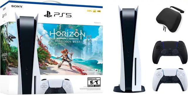 Main image of PlayStation 5 Disc Edition Horizon Forbidden West Bundle with Two Controllers White and Midnight Black DualSense and Mytrix Hard Shell Protective Controller Case