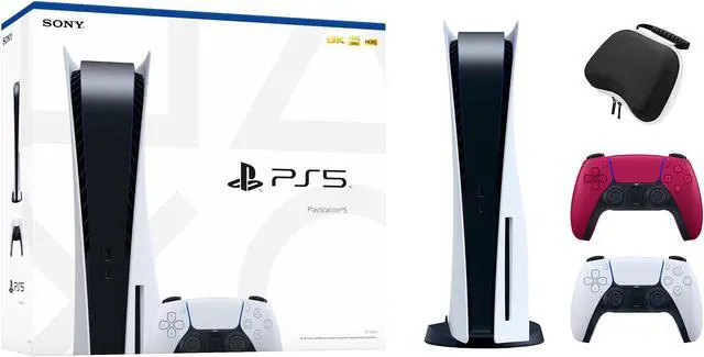 Main image of PlayStation 5 Disc Edition with Two Controllers White and Cosmic Red DualSense and Mytrix Hard Shell Protective Controller Case