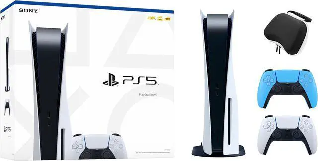 Main image of PlayStation 5 Disc Edition with Two Controllers White and Starlight Blue DualSense and Mytrix Hard Shell Protective Controller Case