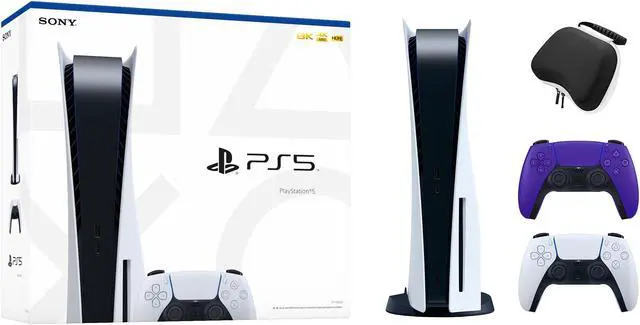 Main image of PlayStation 5 Disc Edition with Two Controllers White and Galactic Purple DualSense and Mytrix Hard Shell Protective Controller Case