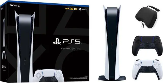 Main image of PlayStation 5 Digital Edition with Two Controllers White and Midnight Black DualSense and Mytrix Hard Shell Protective Controller Case
