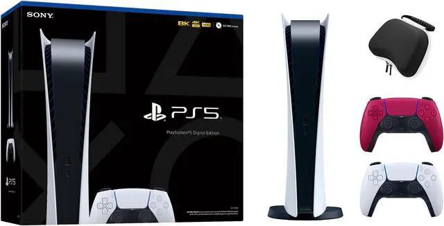 Main image of PlayStation 5 Digital Edition with Two Controllers White and Cosmic Red DualSense and Mytrix Hard Shell Protective Controller Case