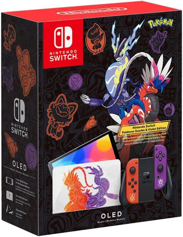 Alt view image 2 of 7 - 2022 Nintendo Switch OLED Model Pokemon Scarlet & Violet Limited Edition, Pokemon Illustrations 64GB Console, Koraidon and Miraidon Glossy White Dock, Mytrix Bamboo Wireless Pro Controller & Accessory