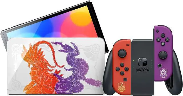 Alt view image 4 of 7 - 2022 Nintendo Switch OLED Model Pokemon Scarlet & Violet Limited Edition, Pokemon Illustrations 64GB Console, Koraidon and Miraidon Glossy White Dock, Mytrix Bamboo Wireless Pro Controller & Accessory