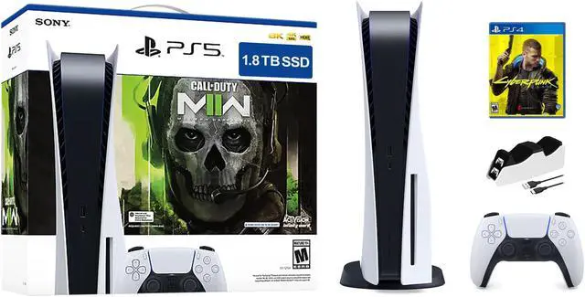 Main image of PlayStation 5 Upgraded 1.8TB Disc Edition Call of Duty Modern Warfare II Bundle with Cyberpunk 2077 and Mytrix Controller Charger