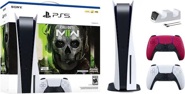 Main image of PlayStation 5 Disc Edition Call of Duty Modern Warfare II Bundle with Two Controllers White and Cosmic Red DualSense and Mytrix Dual Controller Charger
