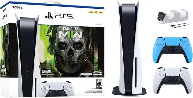 Main image of PlayStation 5 Disc Edition Call of Duty Modern Warfare II Bundle with Two Controllers White and Starlight Blue DualSense and Mytrix Dual Controller Charger