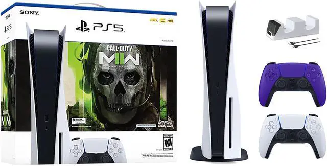 Main image of PlayStation 5 Disc Edition Call of Duty Modern Warfare II Bundle with Two Controllers White and Galactic Purple DualSense and Mytrix Dual Controller Charger