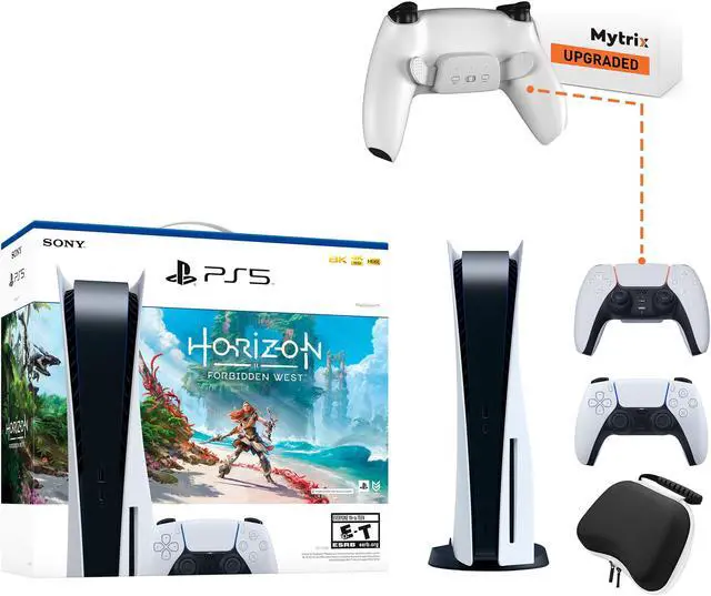 Main image of PlayStation 5 Disc Edition Horizon Forbidden West Bundle, an Additional Mytrix Upgraded PS5 Controller with Remappable Back Paddles and Turbo Function, and Hard Shell Protective Controller Case