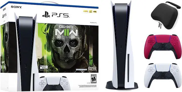 Main image of PlayStation 5 Disc Edition Call of Duty Modern Warfare II Bundle with Two Controllers White and Cosmic Red DualSense and Mytrix Hard Shell Protective Controller Case