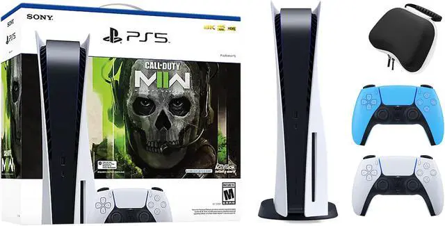 Main image of PlayStation 5 Disc Edition Call of Duty Modern Warfare II Bundle with Two Controllers White and Starlight Blue DualSense and Mytrix Hard Shell Protective Controller Case