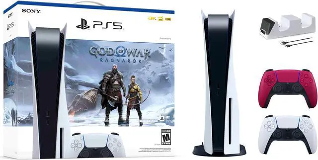 Main image of PlayStation 5 Disc Edition God of War Ragnarok Bundle with Two Controllers White and Cosmic Red DualSense and Mytrix Dual Controller Charger
