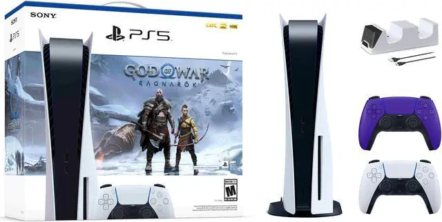 Main image of PlayStation 5 Disc Edition God of War Ragnarok Bundle with Two Controllers White and Galactic Purple DualSense and Mytrix Dual Controller Charger