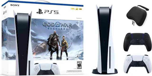 Main image of PlayStation 5 Disc Edition God of War Ragnarok Bundle with Two Controllers White and Midnight Black DualSense and Mytrix Hard Shell Protective Controller Case