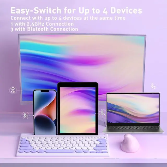 Alt view image 2 of 7 - Mytrix Multi-Device Bluetooth Wireless Keyboard - Purple, with Easy-Switch for Up to 4 Devices, Laptop, Windows, Mac, Chrome OS, Android, iPadOS