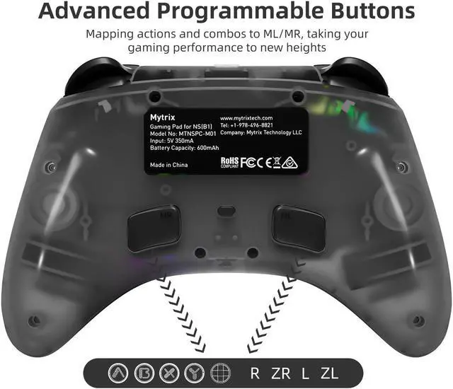 Alt view image 2 of 7 - Mytrix Zero-Kirin Wireless Pro RGB Controller With Programmable Back Buttons And Turbo, For Nintendo Switch, PC, Android & IOS