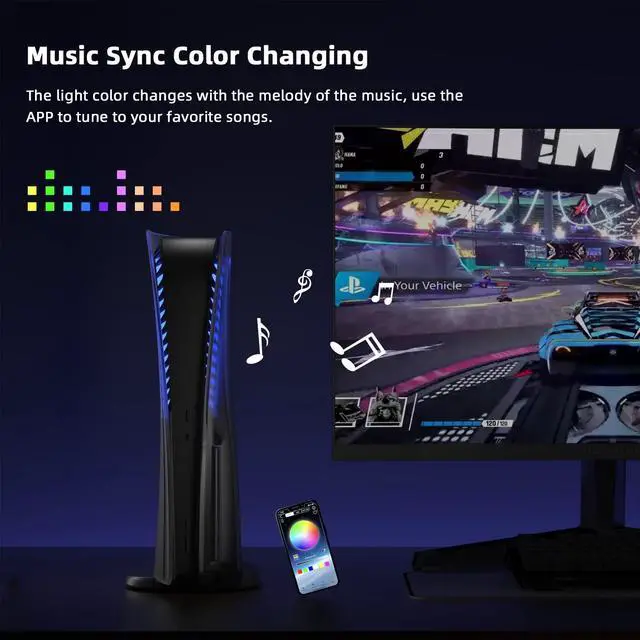 Alt view image 6 of 7 - Mytrix PS5 Faceplate 2 in 1 Translucent Black Plates for PS5 Disc Edition + RGB LED Music Sync Light Strips Kit: Replacement Console Face Plate, Sound Sync Mode Lighting with 8 Colors 400+ DIY Effects