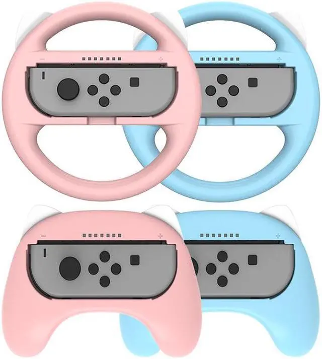 Main image of Mytrix Racing Steering Wheels Hand Grips Accessories For Nintendo Switch Joy Con with Kawaii Cat Ears - Pink and Blue 4 Pcs