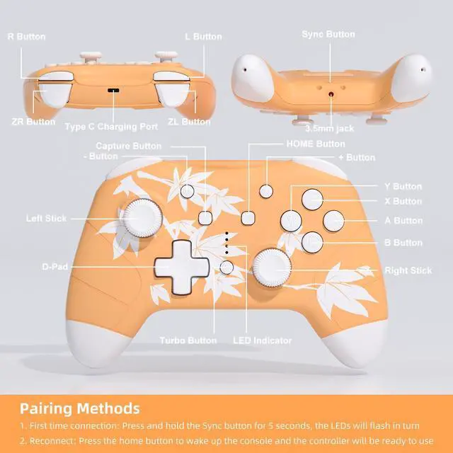 Alt view image 6 of 6 - Mytrix Maple Orange Wireless Switch Pro Controller for Nintendo Switch, Newest Switch OLED, Switch Lite - HOME Wake-Up, Headphone Jack, Auto-Fire Turbo, Motion Control, Adjustable Vibration