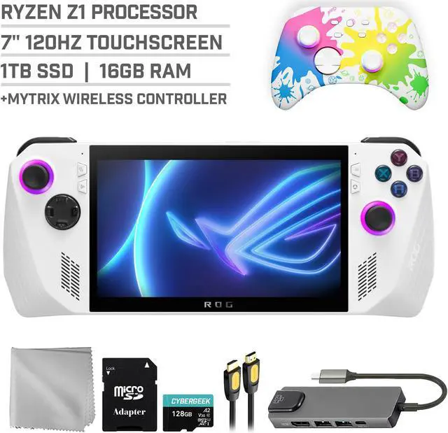 Main image of ASUS ROG Ally 1TB Gaming Handheld 7-inch Touchscreen 120Hz FHD 1080p AMD Ryzen Z1 Processor, Mytrix Inkjet Wireless Pro Controller, Hub, 128GB MicroSD Card, 5 Accessories: 6 in 1 Bundle