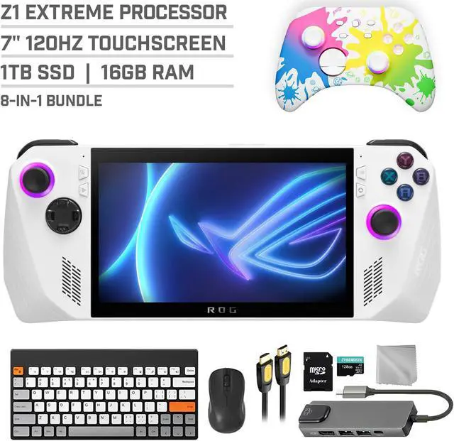 Main image of ASUS ROG Ally 1TB Gaming Handheld 7-inch Touchscreen 120Hz FHD 1080p AMD Ryzen Z1 Extreme Processor, Mytrix Inkjet Wireless Pro Controller, Hub, 128GB MicroSD, Keyboard & Mouse, 8 in 1 Bundle