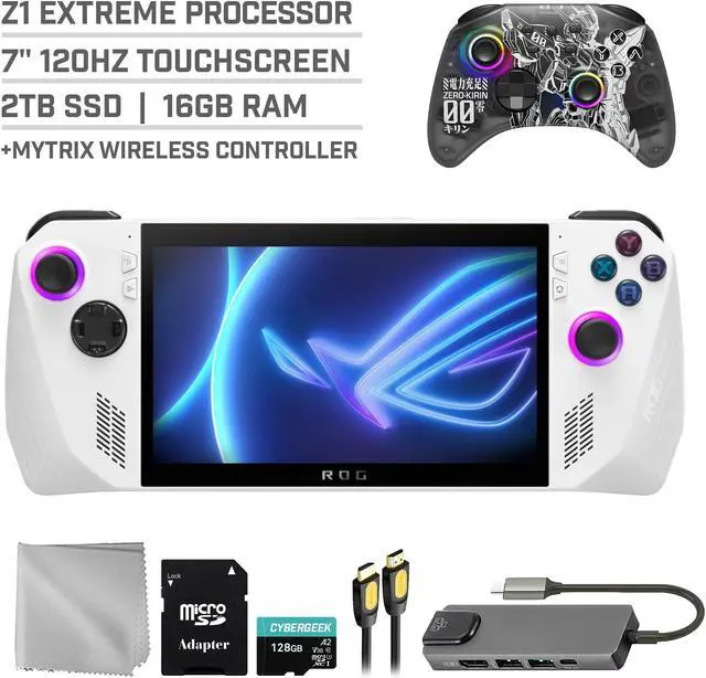 Main image of ASUS ROG Ally 2TB Gaming Handheld 7-inch Touchscreen 120Hz FHD 1080p AMD Ryzen Z1 Extreme Processor, Mytrix Zero-Kirin Wireless Pro Controller, Hub, 128GB MicroSD Card, 5 Accessories: 6 in 1 Bundle