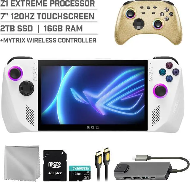 Main image of ASUS ROG Ally 2TB Gaming Handheld 7-inch Touchscreen 120Hz FHD 1080p AMD Ryzen Z1 Extreme Processor, Mytrix Gold Wireless Pro Controller, Hub, 128GB MicroSD Card, 5 Accessories: 6 in 1 Bundle